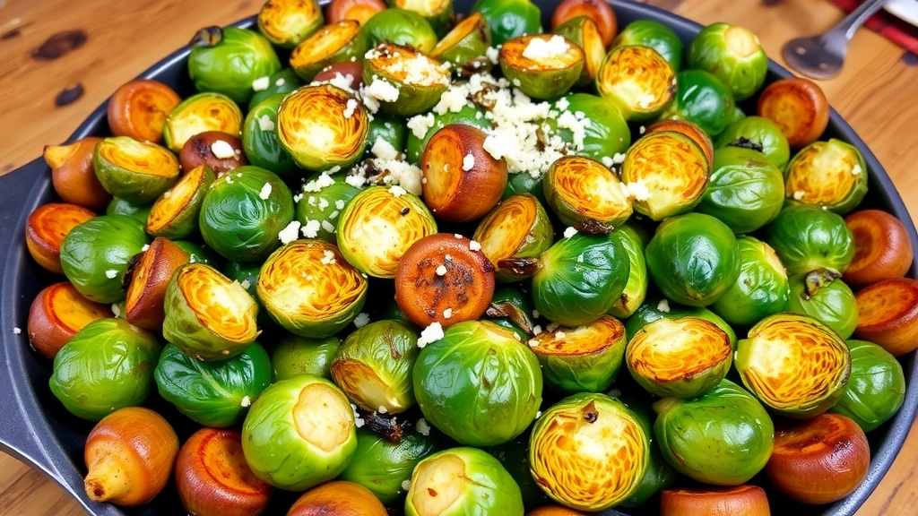 Savory Roasted Garlic Brussels Sprouts A dish of roasted Brussels sprouts and garlic cloves, garnished with Parmesan cheese on a rustic table.